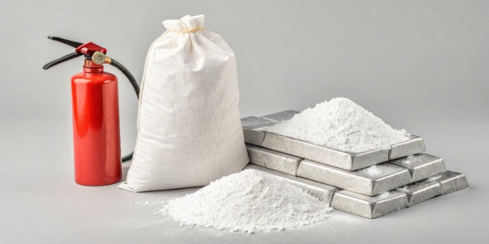 A visual layout showing a bag of white ATH powder, a fire extinguisher, and an aluminum ingot to represent the different 'equivalents'.