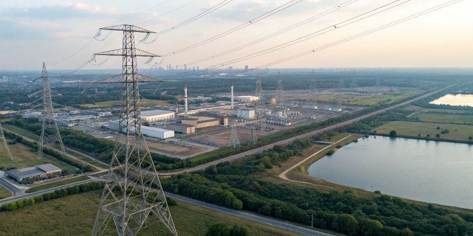 An aerial view of a massive industrial complex with power lines and water reservoirs nearby.