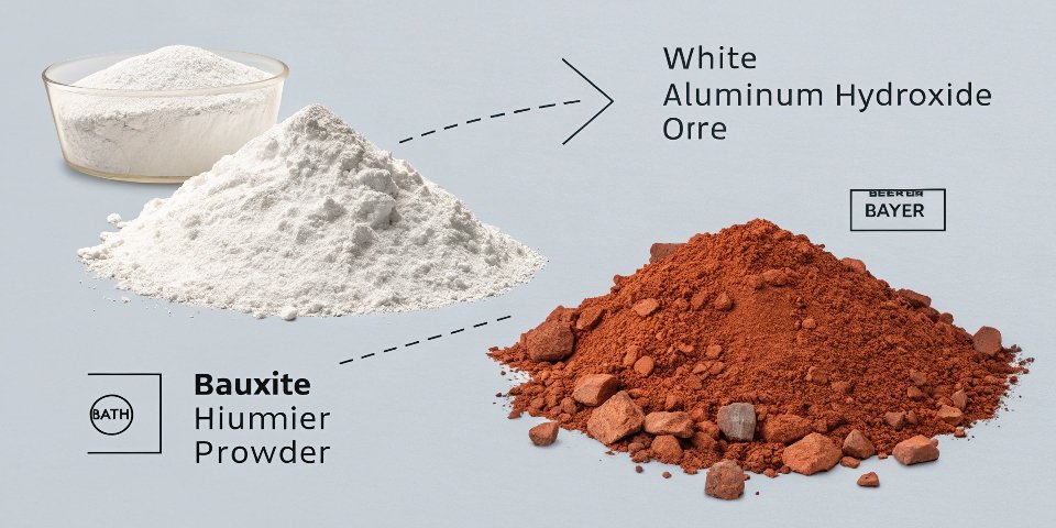 A simple diagram showing the transformation from reddish bauxite ore to white aluminum hydroxide powder through the Bayer process.