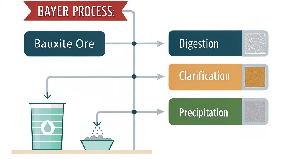 A simplified flowchart showing the stages of the Bayer Process: Bauxite -> Digestion -> Clarification -> Precipitation.