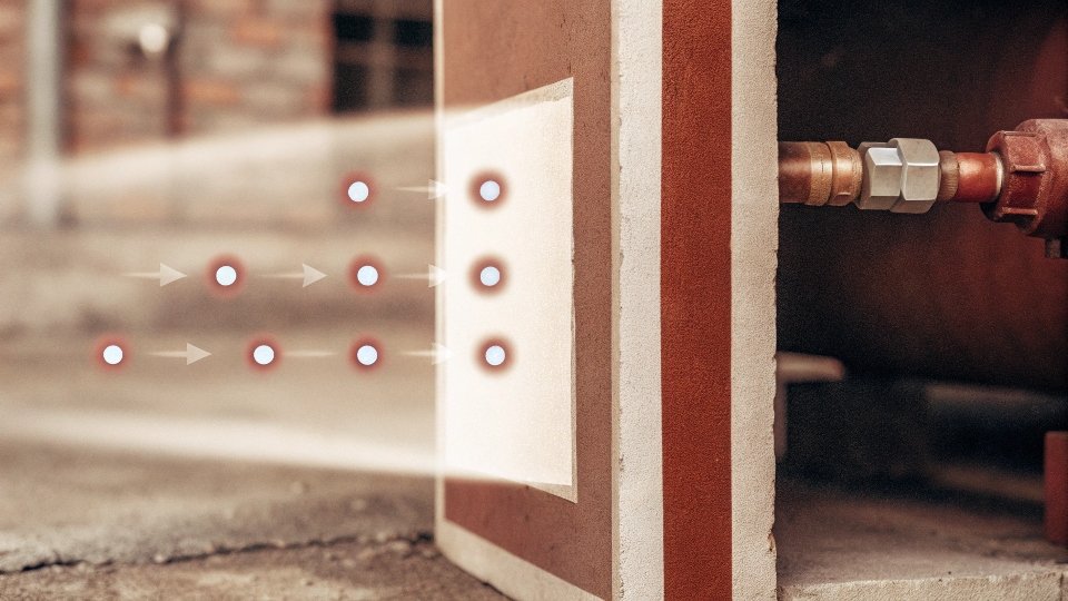 A simple diagram showing a particle of ATH releasing H2O molecules when exposed to heat.