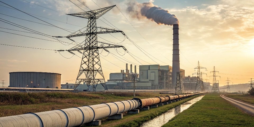 Giant power transmission towers leading into an industrial plant, symbolizing massive energy consumption.