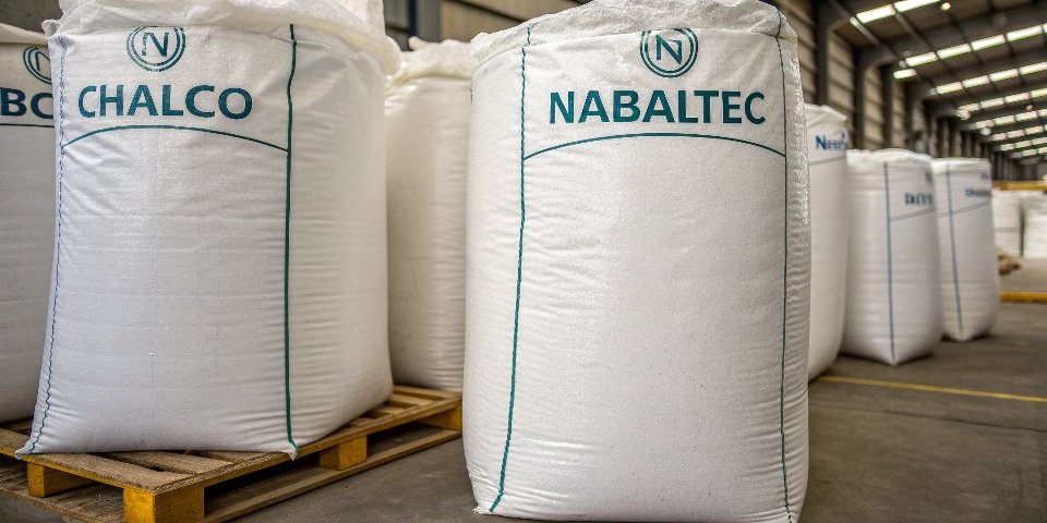Industrial sacks of white powder with technical labels (grade, spec) rather than consumer brand names.
