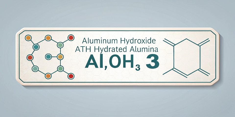 A label showing the chemical formula Al(OH)3 surrounded by its different names: Aluminum Hydroxide, ATH, Hydrated Alumina.