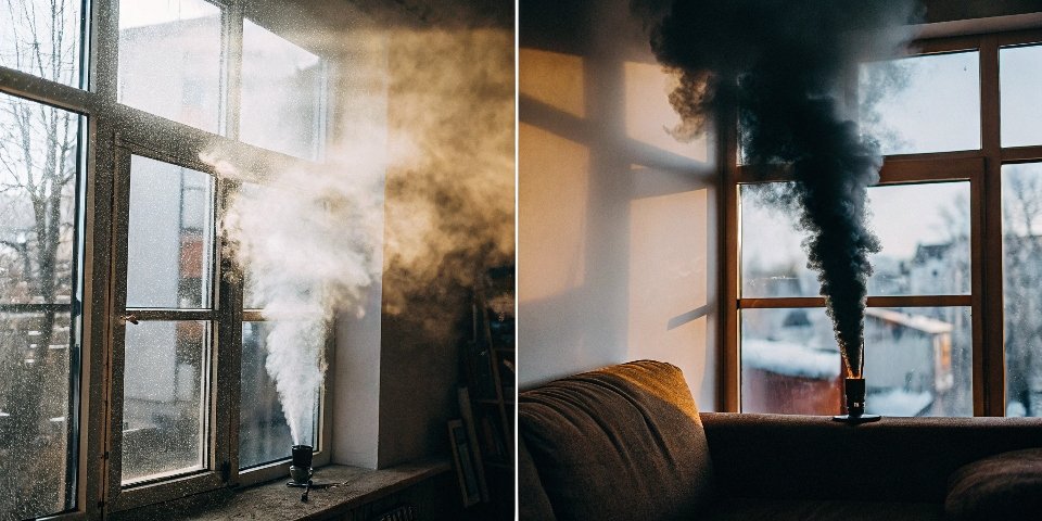 A side-by-side comparison showing one room with clear air and another filled with thick, dark smoke.