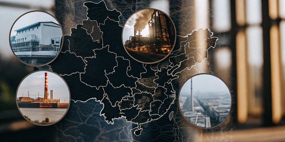 A map of China with icons over industrial areas representing power, water, and factories.