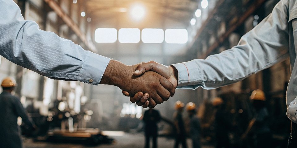 Two hands shaking to close a deal directly in front of a factory setting.