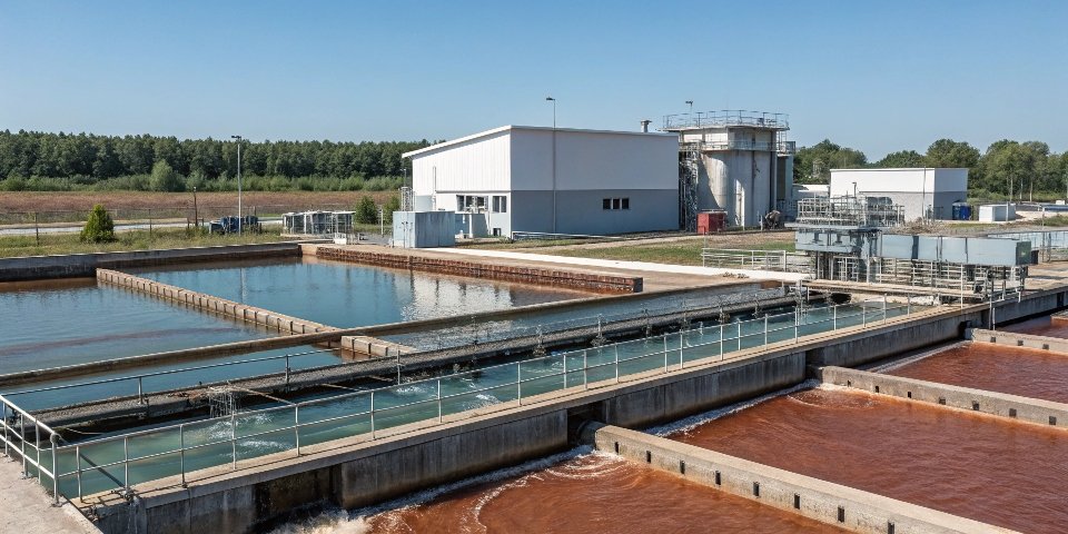 A modern industrial water treatment facility with filtration pools and clean water outflow.