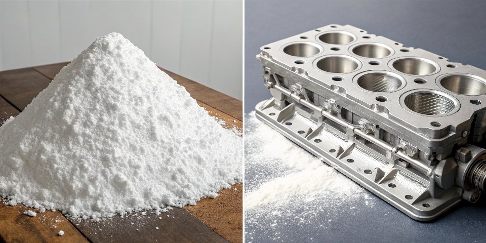 A split image showing a pile of white aluminum hydroxide powder on the left and a shiny aluminum engine block on the right.