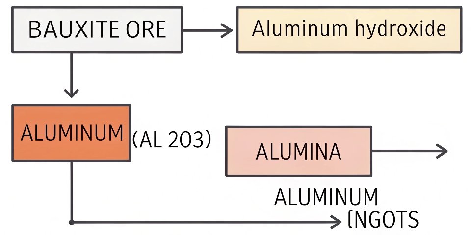 A simple flow chart: Bauxite Ore -> Aluminum Hydroxide -> Alumina -> Smelting Process -> Shiny Aluminum Ingots.