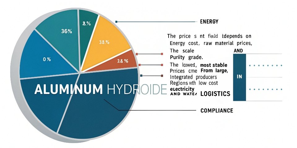 A pie chart breaking down the cost of aluminum hydroxide: Energy, Raw Material, Labor, Logistics, Compliance.