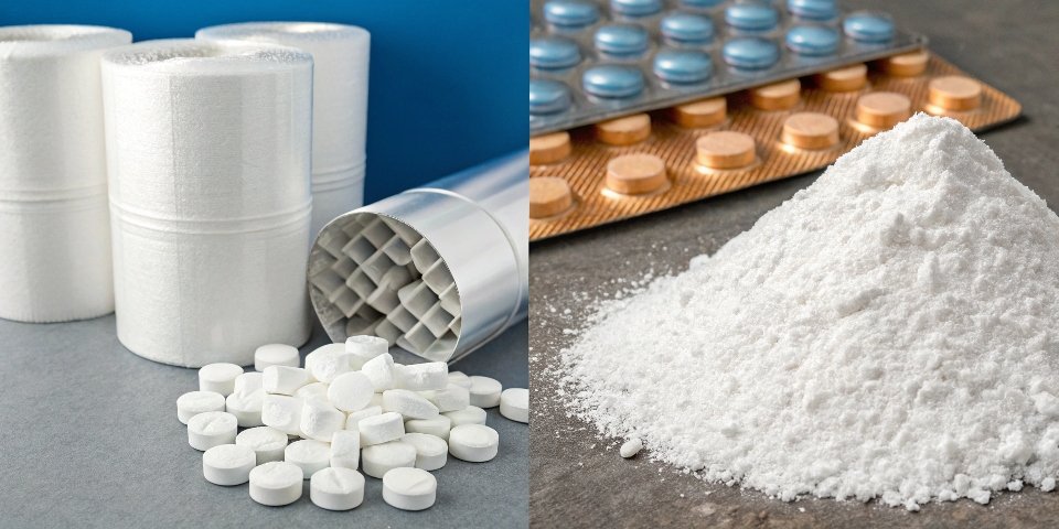 An array of aluminum hydroxide applications: pills, fire-resistant building materials, water treatment systems, and plastic products.