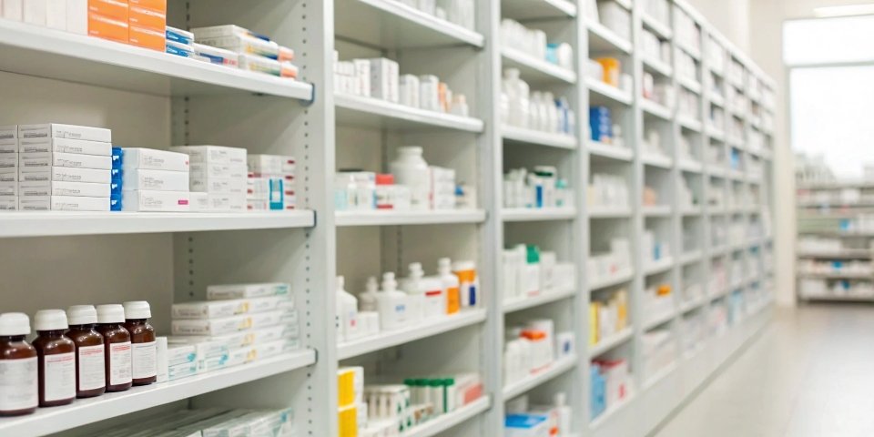 Comparison of pharmacy shelves: Over-the-counter antacids and prescription pharmaceuticals.