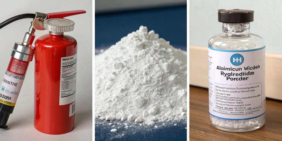 A collage of images showing a fire extinguisher, a bottle of antacid, and a vaccine vial, all connected to a central image of aluminum hydroxide powder.