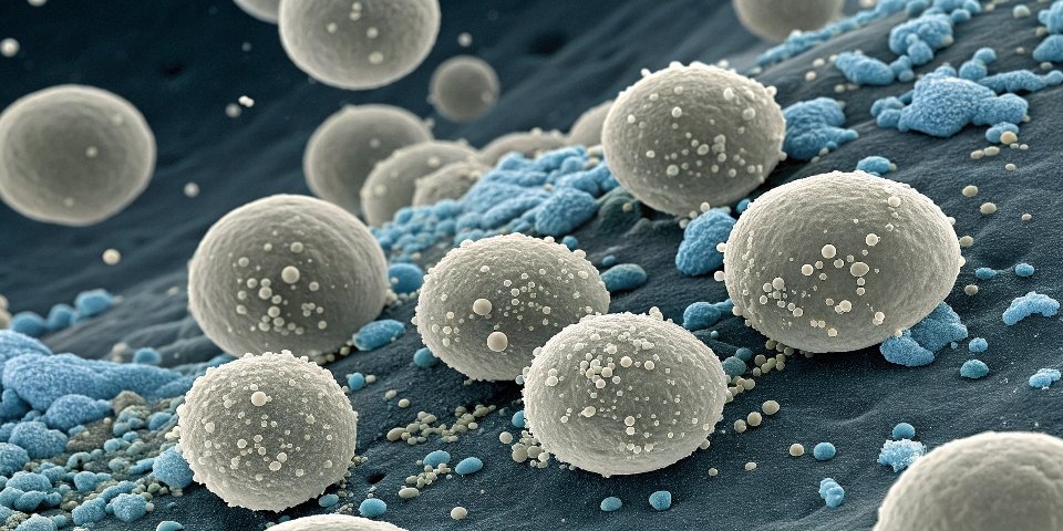 A microscopic view showing particles of aluminum hydroxide interspersed within a polymer matrix.