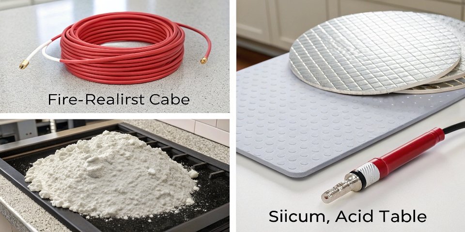 A collage of products using aluminum hydroxide: a fire-resistant cable, a modern kitchen countertop, a silicon wafer, and antacid tablets.