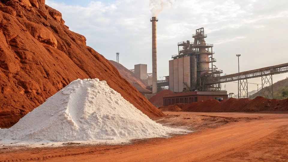 Manufacturing Process of Aluminum Hydroxide A visual flow from a reddish bauxite rock to a pile of white aluminum hydroxide powder.