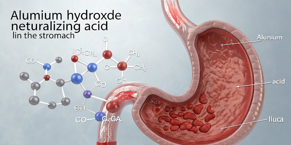 An animated diagram showing aluminum hydroxide neutralizing acid molecules in the stomach.