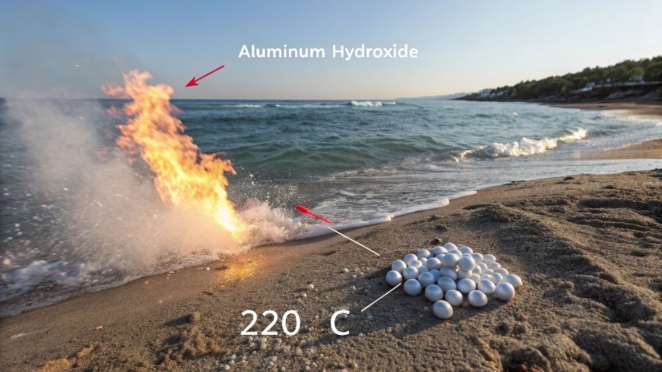 A diagram showing a particle of aluminum hydroxide releasing water molecules when heated, with arrows indicating heat absorption and gas dilution.