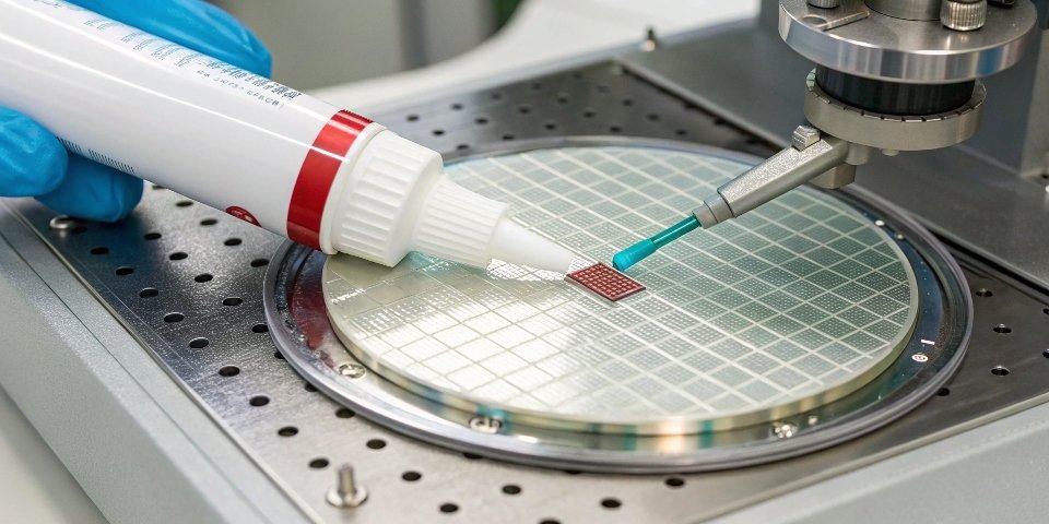 A close-up of a silicon wafer being polished, placed next to a tube of high-end toothpaste.