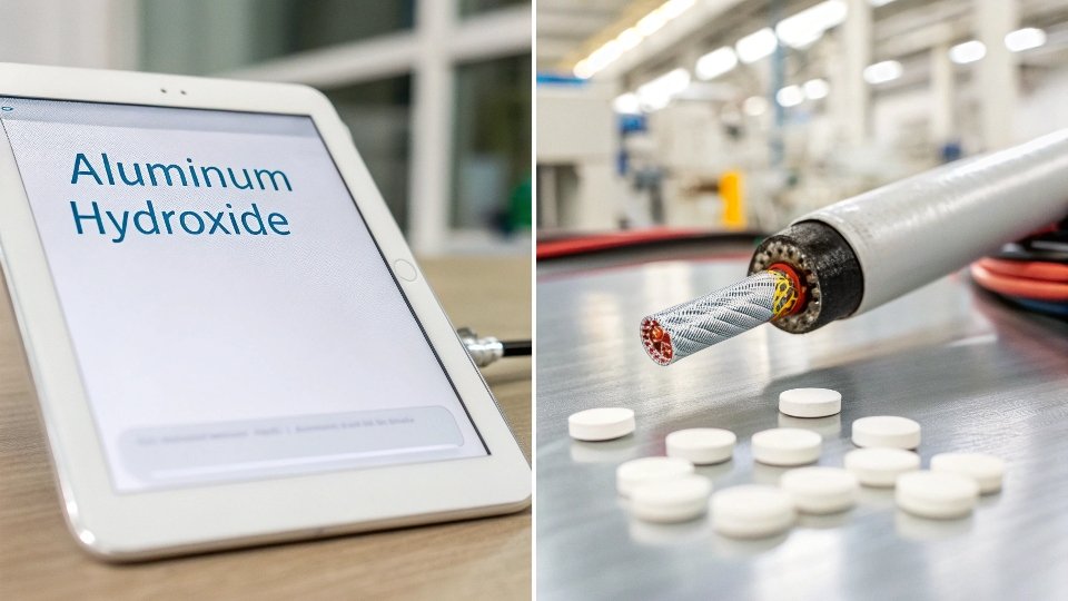 A split image showing a medical tablet on one side and a flame-retardant cable on the other.