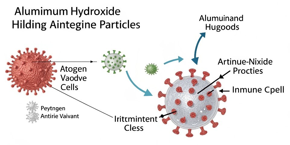 A simple biological diagram showing aluminum hydroxide particles holding antigens and attracting immune cells.