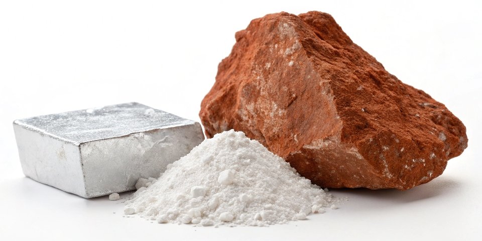 A large, reddish-brown bauxite rock next to a pile of white aluminum hydroxide powder and a shiny aluminum ingot.