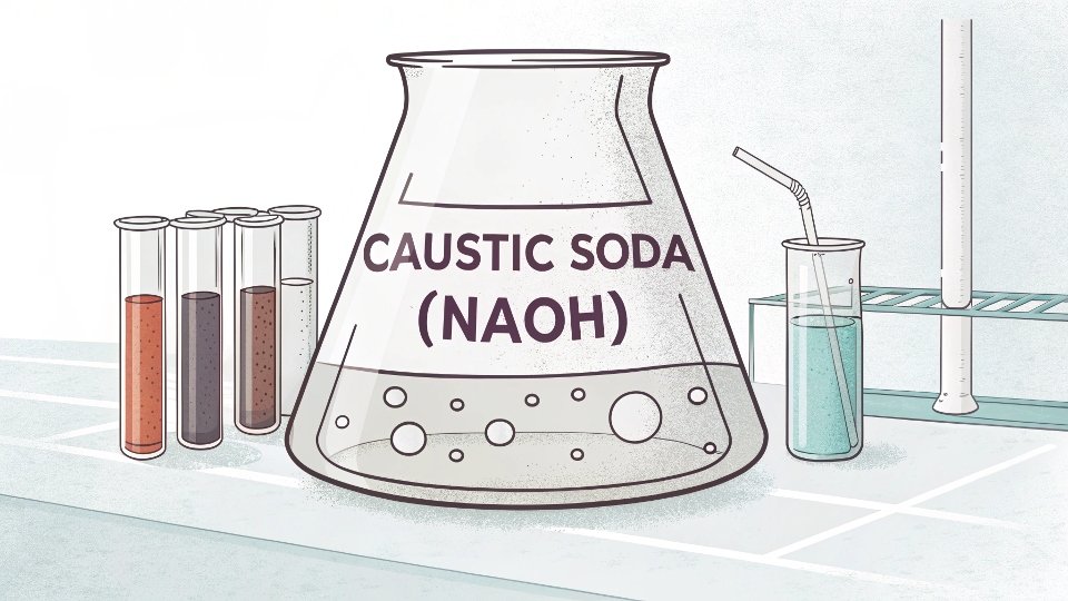 What is Aluminium Hydroxide Made Of A simple illustration of a beaker labeled "Caustic Soda (NaOH)" with chemical symbols.