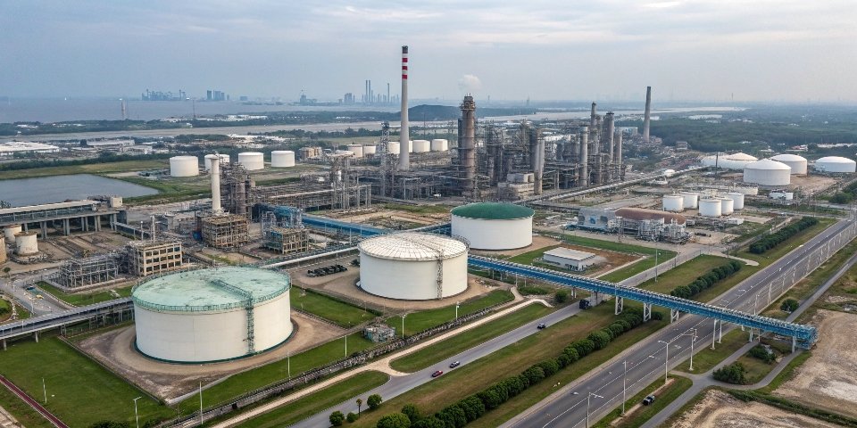 An aerial view of a massive, modern Chinese refining and chemical processing complex, showing integration and scale.