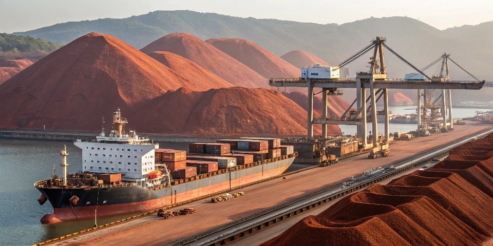 A picture of a massive cargo ship being unloaded at a US port, with piles of reddish-brown bauxite in the background.