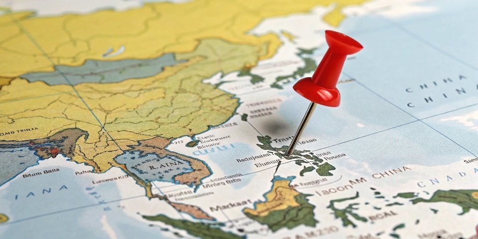 A map of the world with a large pin on China, highlighting it as a manufacturing hub.