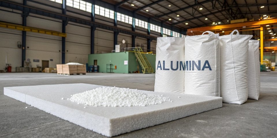 An industrial setting showing plastic pellets, a large slab of solid surface material, and sacks labeled "Alumina".
