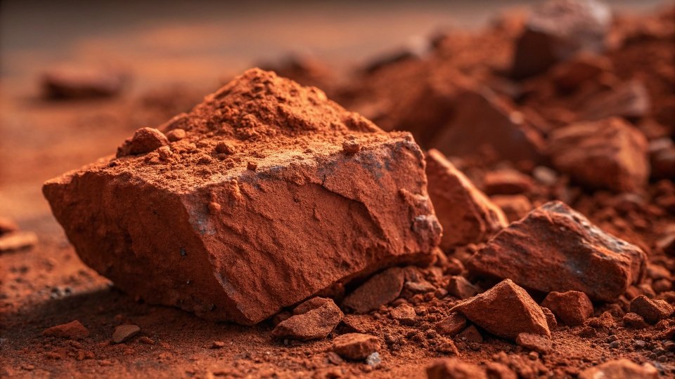 Raw Material of Aluminum Hydroxide A close-up shot of a rough piece of reddish-brown bauxite ore.