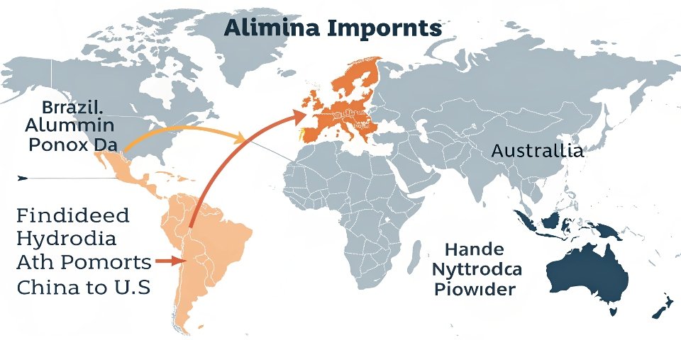 A world map with bold arrows showing alumina flowing from Brazil and Australia to the US, and a separate arrow showing finished ATH powder flowing from China to the US.