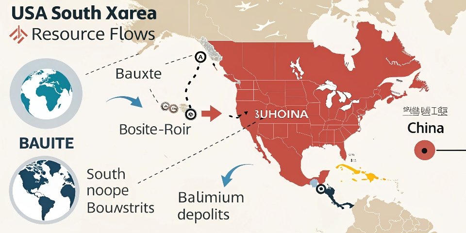 A map highlighting the USA, South Korea, and China, showing resource flows.