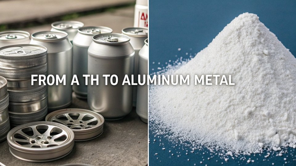 Aluminum Hydroxide for Aluminum Manufacturing A split image showing white ATH powder on one side and finished aluminum products like soda cans and car parts on the other.