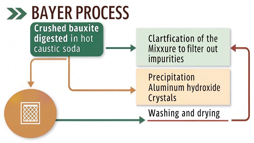 How to Make Aluminium Hydroxide A simplified flowchart diagram illustrating the four main steps of the Bayer Process.