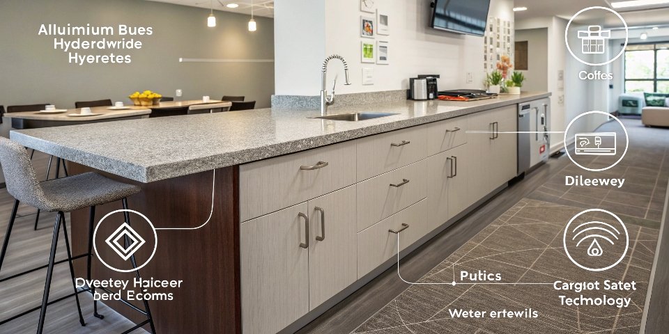 A photo of a modern kitchen focusing on the countertops, with icons pointing to hidden cables and carpet layers.