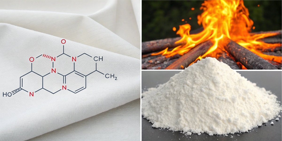 A photo collage showing white aluminum hydroxide powder, a chemical structure, and a piece of non-flammable textile