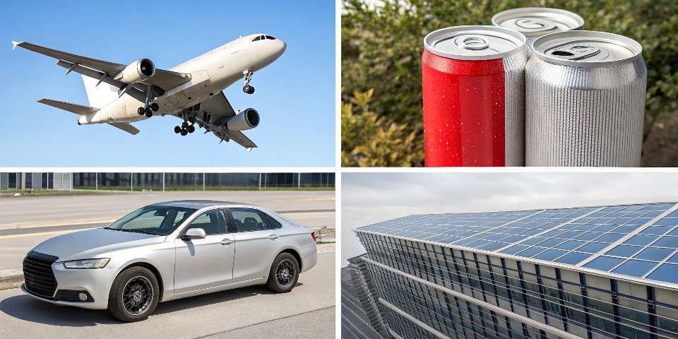 Versatile uses of Aluminum Alloys A collage of aluminum alloy applications including a plane, a car, a building facade, and a soda can