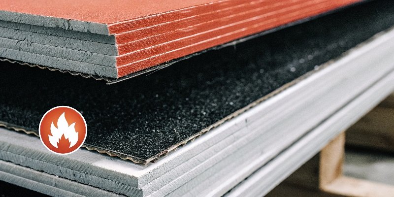 A cross-section of a yellow phenolic foam board with a flame icon indicating its fire resistance thanks to ATH