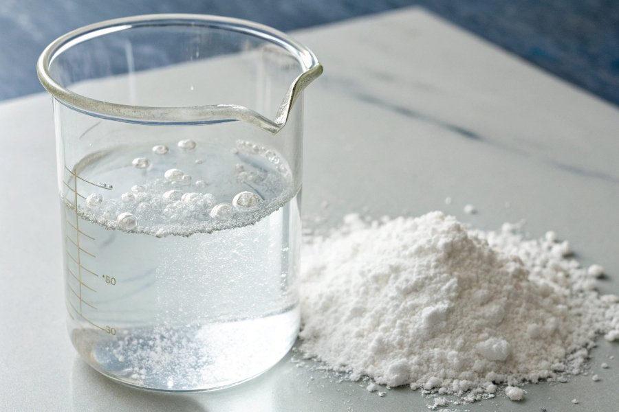alt with keywords: A beaker of clear water with white aluminum hydroxide powder settled at the bottom, refusing to dissolve.