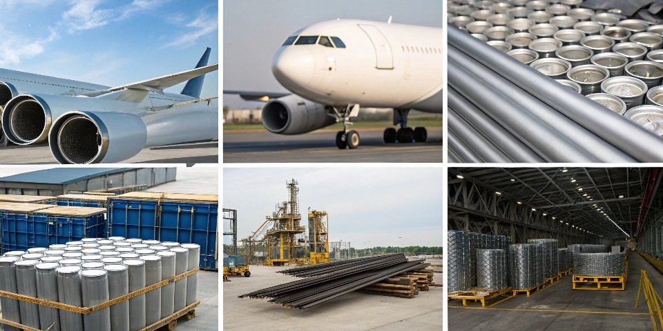 Versatility of Aluminum A collage of aluminum applications from aerospace to consumer goods