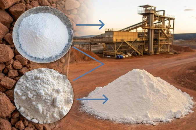 alt with keywords: A diagram showing the Bayer Process, from raw bauxite ore to pure white aluminum hydroxide powder.