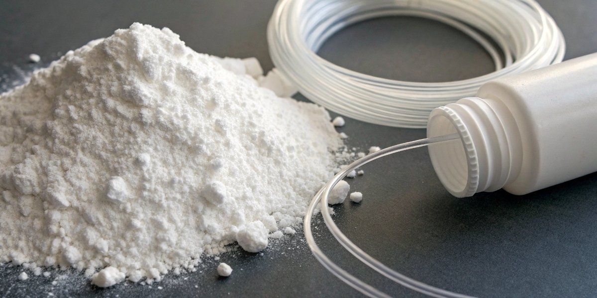 A photo showing white magnesium hydroxide powder next to a plastic wire and a bottle of antacid