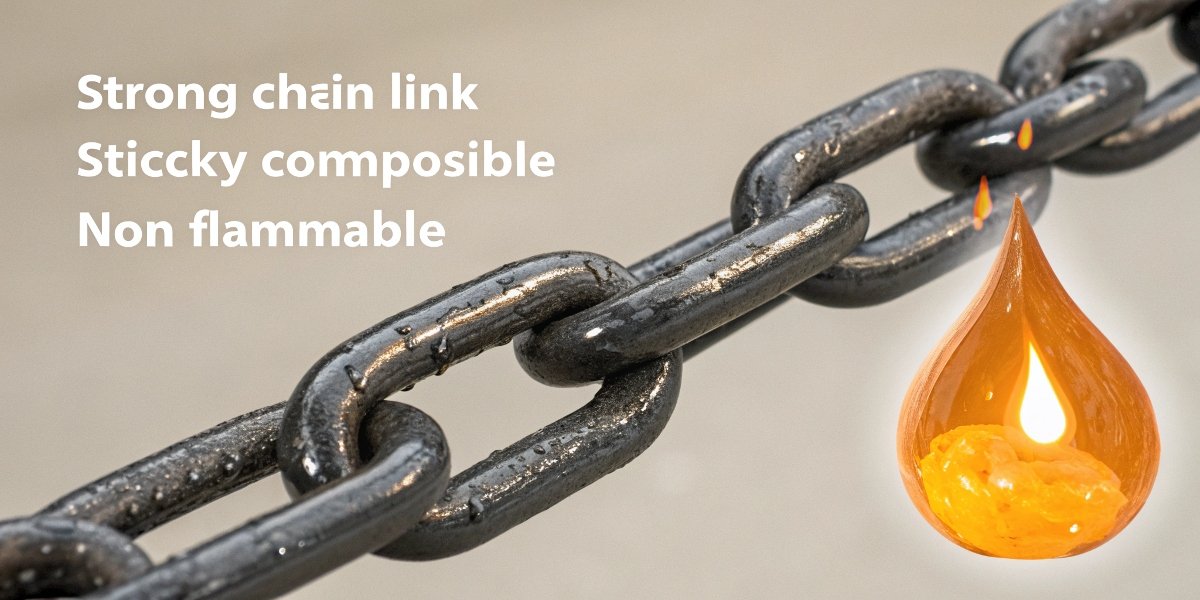 A graphic showing a strong chain link, a sticky honey drop, and a flame, all combined into one material