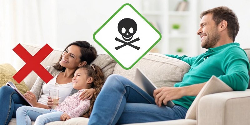 Choosing Safe Furniture Flame Retardants An image splitting between a family on a couch with a green checkmark and a chemical symbol with a red X