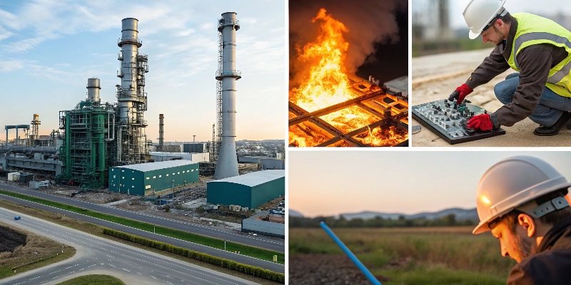 Global Flame Retardant Chemical Market A collage of images representing the flame retardant chemical market, including industrial settings, electronic components, and construction sites.