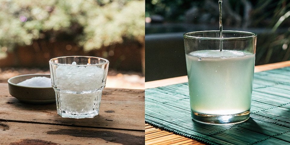A side-by-side comparison of Al(OH)₃ powder in water and NaOH pellets dissolving in water