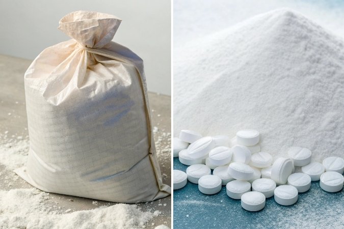 alt with keywords: A split image showing an industrial bag labeled 'ATH' on one side and different antacid tablets on the other